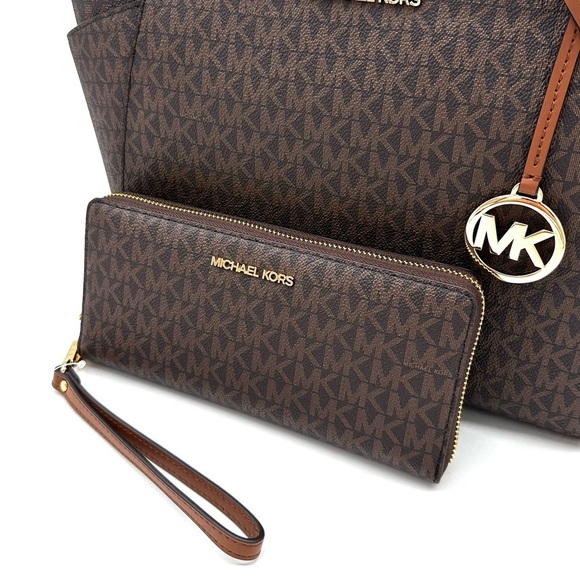 Michael Kors Large Jet Set Travel Chain Shoulder Bag & Continental Wallet Brown - Picture 12 of 15